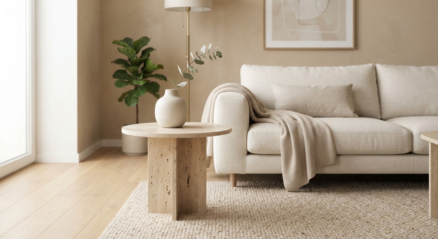 Intérieur CREASTONE — table d’appoint en travertin dans un salon